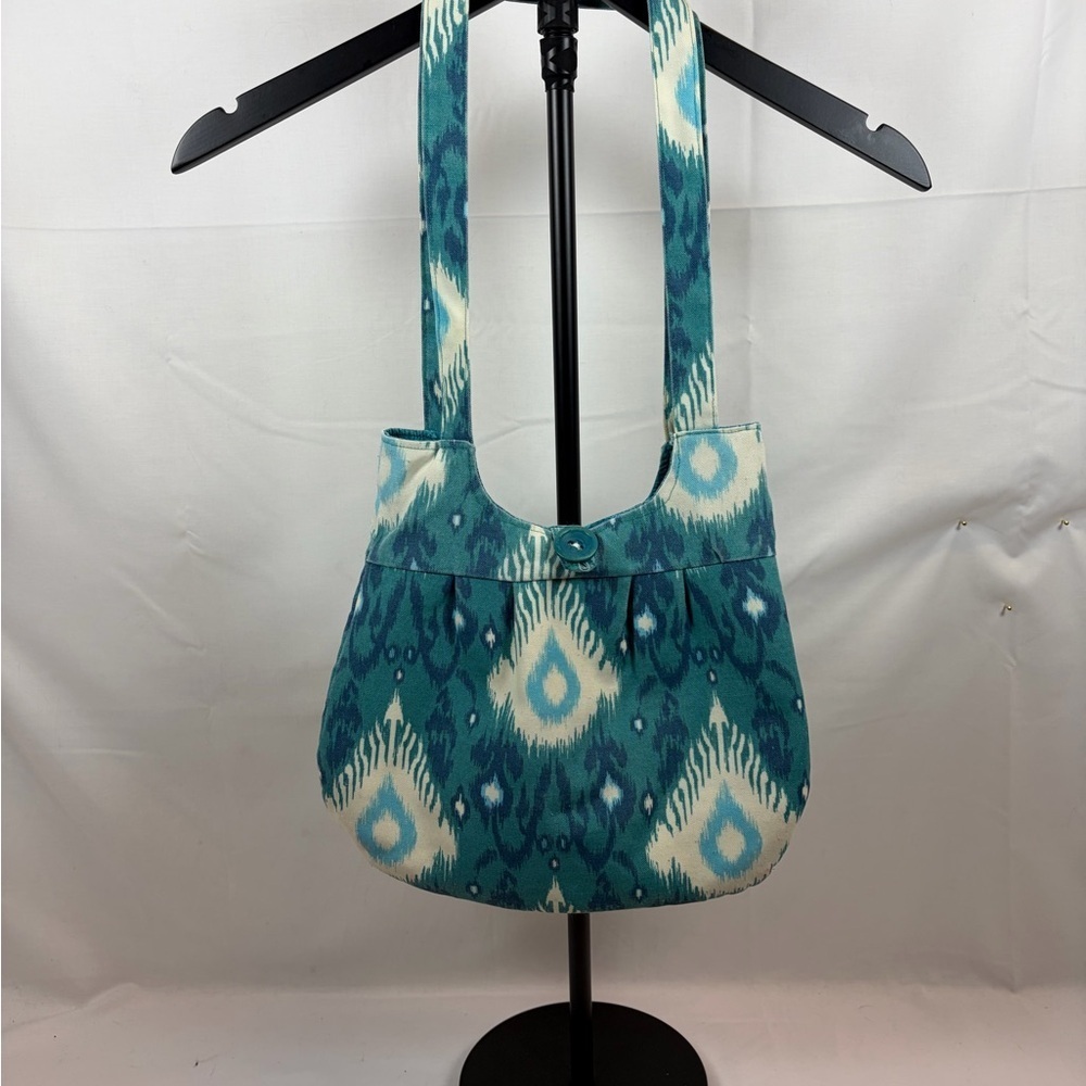Boho Ikat Fabric Tote Bag Teal Blue Artisan Style Shoulder Bag